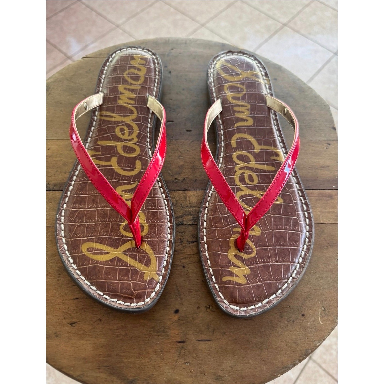 Sam Edelman Gracie Red Patent Leather Croc Embossed Flip Flop Sandals Womens 6.5