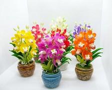 4"H Handmade Clay-Crafted Miniature Cymbidium Orchid Arranged in Pot  US Shippi