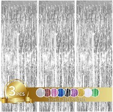 3 PCS Silver Metallic Tinsel Foil Fringe Curtains Photo Booth Backdrop