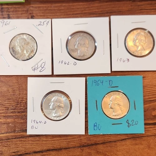 Washington Quarter Lot Silver 1961, 1962-D, 1963, 1964-D Circulated Uncirculated
