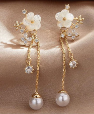 Dangle Pearl Drop Earrings For Women 14K Gold Statement Jewelry