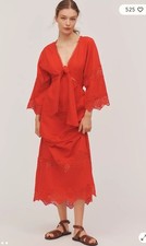 Farm Rio x Anthropologie V-Neck Tie-Front Midi Dress Red Maxi Linen Size M NWT