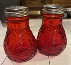 Ruby Glass Salt Pepper Shakers Inverted Thistle Pattern Mosser Glass Vintage — photo 1