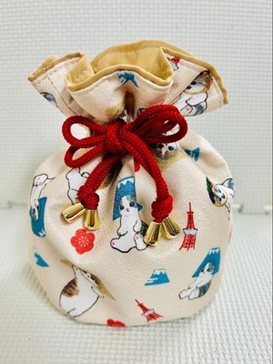 Mofusand Chirimen Drawstring Pouch Beige Japanese Souvenir Cat  kinchaku