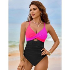 Colorblock One Piece Swimsuit Neon Pink Orange Black NWT