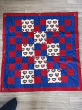 Handmade Patchwork Baby Quilt 41.5 x 42.5 Red White Blue Heart Tied Blanket