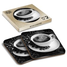 2 x Boxed Square Coasters - BW - Coffee Cup & Beans Cafe Shop  #42710