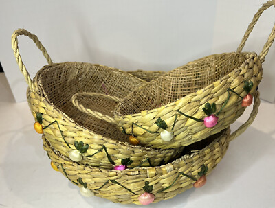 Serving Set Of 3 Nesting Baskets Fruit Woven Straw Raffia With Tray Handles EUC
