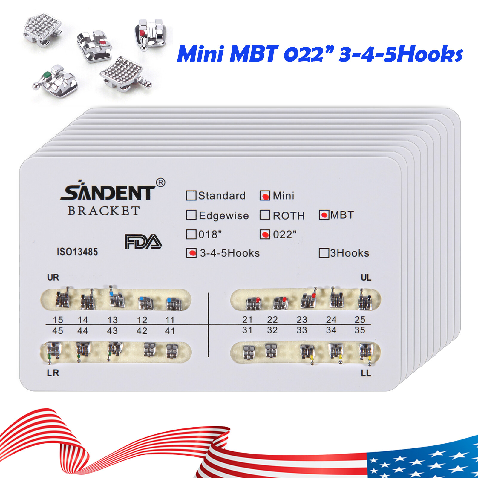 SANDENT Dental Ortho Metal Brackets Mini/Standard Roth/MBT 022 Hooks 3/3-4-5 ns