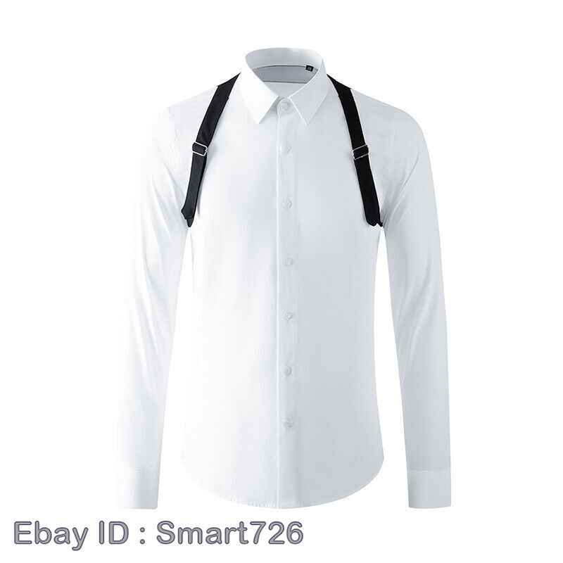 Men's Shirts Long Sleeve Casual Slim Blouse Shoulder Strap Pointed