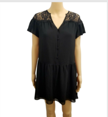 #ad #ad EXPRESS Dress Sz XS Black Short Sleeve Lace Pleated Waist Pullover Short $6.98