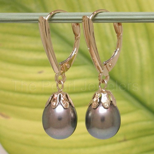 14K Yellow Gold Euro Back Black Pearl Dangle Earrings - Picture 3 of 3
