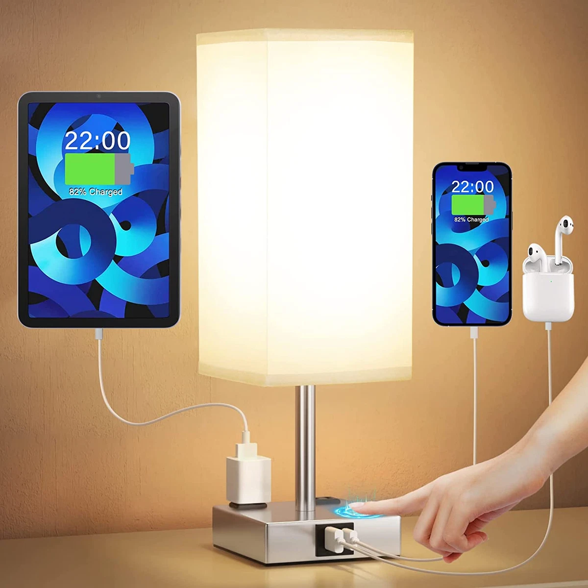 Bedside Lamp with USB Port Touch Control Table Lamp for Bedroom with USB C A C