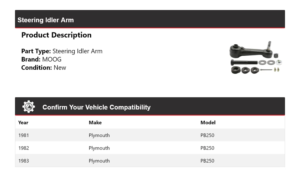 Brazo de rueda loca de dirección para Plymouth PB250 1981-1983 MOOG 1981 1982 1983 Foto 2 de 4