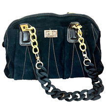 Maxx New York Jet Black Suede Leather Double Handle Zip Top Bowler Bag Nwt