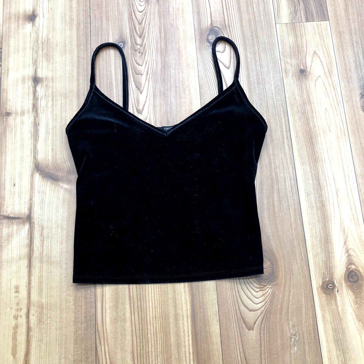 Forever 21 Black Velvet Cropped Spaghetti Strap Tank Top Women's Size S