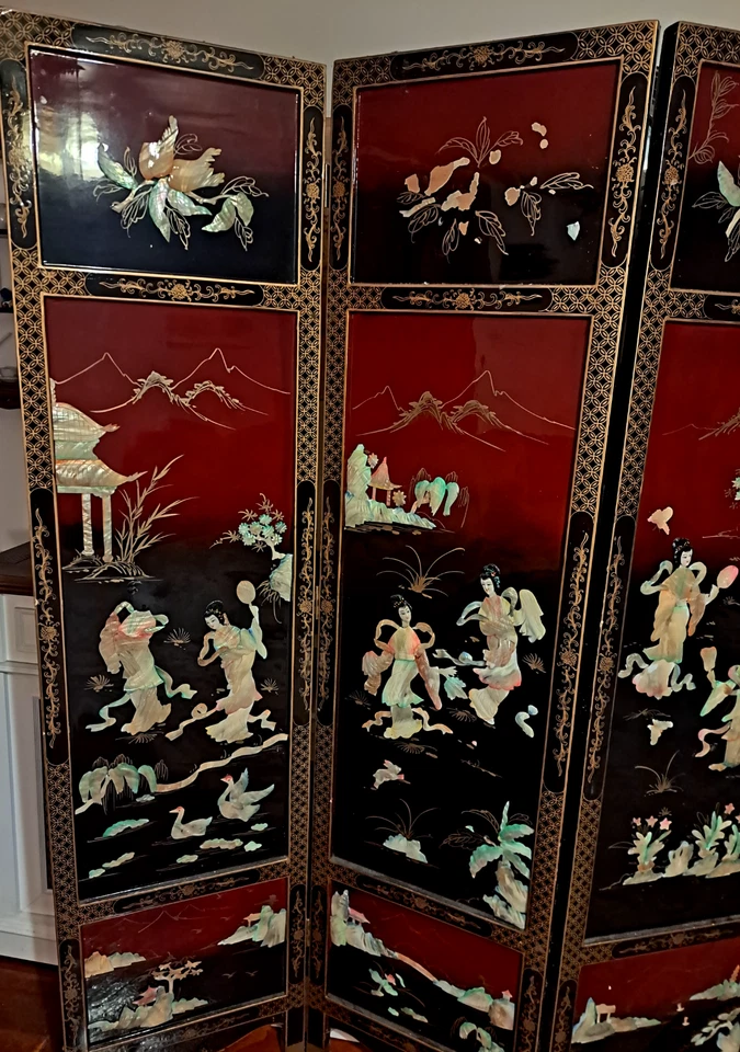 Madreperla vintage china de laca negra pintada a mano (divisor de habitaciones) Foto 2 de 4