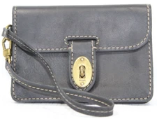 Vintage Fossil Leather Envelope Wristlet Brass Hardware Key Turn Lock Black