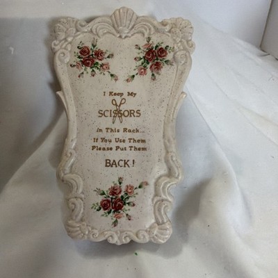 Vintage Ceramic Scissor Wall Pocket. Floral Design. Scissors Keeper Caddy.