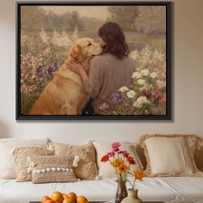 Floral Still Life Oil Painting Golden Retriever Canvas Print Dog Artwork Decor