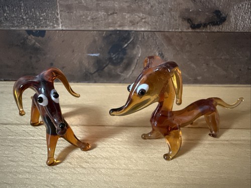 DOG 2 Vintage Dachshund GOLD brown Glass Blowing Art Figurines Decor Gift Set