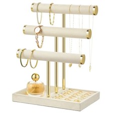 3 Tier Bracelet Holder Display - Detachable T Bar Velvet Bracelet Large Beige