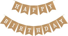 Happy Birthday Banner Pre-Strung Burlap Sign Gold Letters Party Decoration