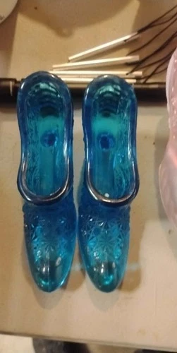 Set of 2 Vintage Fenton Colonial Blue Glass Slipper High Heel Shoes Small Decor