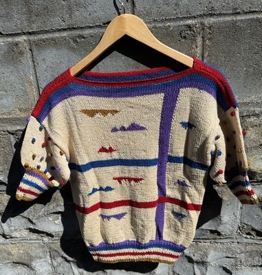 Vintage 80s Color Block Stripe Sweater Batwing Dolman Sleeve Virgin Acrylic Sz S