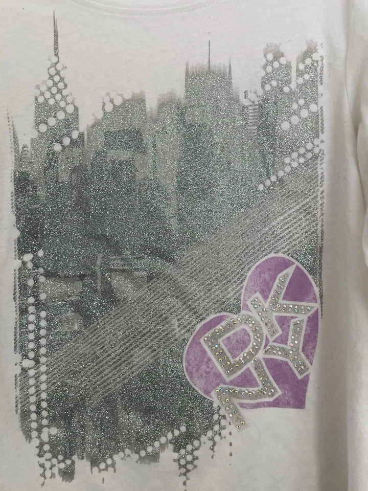 DKNY Kids Girls Glitter Sequin Cotton Blend Curved Hem Long Sleeve Shirt White M - Image 3 of 4