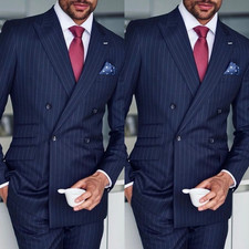 Pin Striped Men's Suit Double Breasted Busienss 2Pcs Offical Tuxedo Jacket