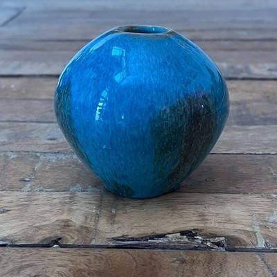 Studio Art Pottery Stoneware Vase 3'' Round Turquoise Brown Mottled Drip Glaze