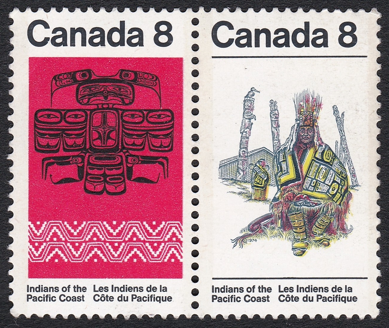 1974 CANADA PACIFIC COAST INDIANS STAMPS, MINT MNH PAIR, Scott 573a, Thunderbird