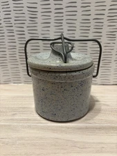 Vintage Blue Speckled Stoneware Cheese Butter Crock With Wire Bail Lid Closure