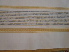 Vintage Off White Cotton Damask Tablecloth Gold/Blue Stripes 56x86 Easter