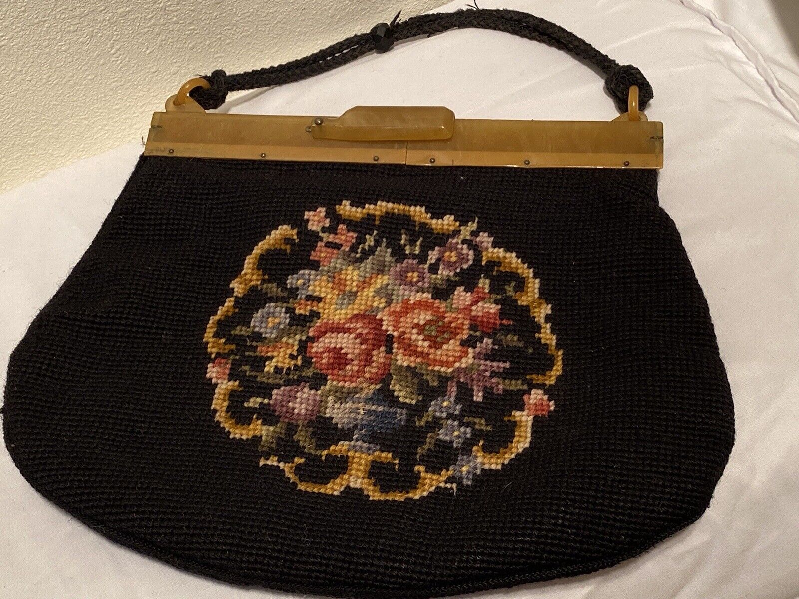 Vintage Floral Needlepoint Handbag Purse, Chunky … - image 1
