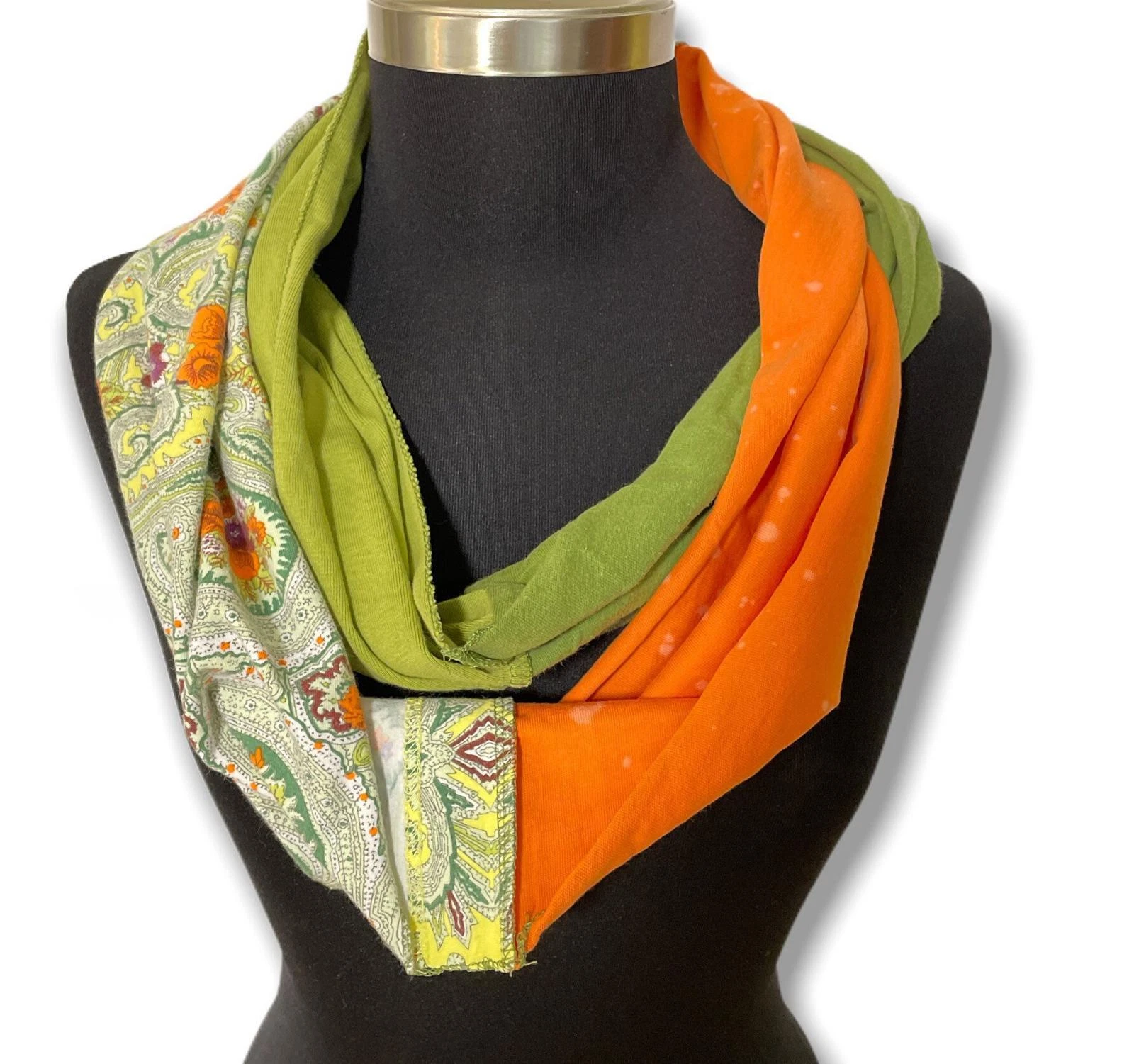 Handmade Upcycled Infinity Scarf made from recycled t-shirts OOAK Green Orange