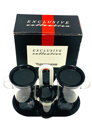 Tupperware Preludio Table Caddy Set Black and Clear Acrylic creamer salt pepper