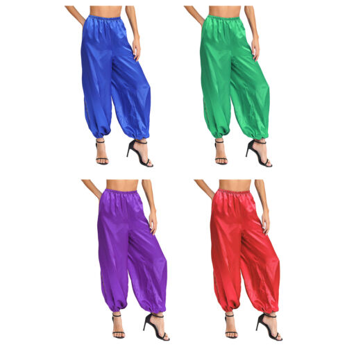 Women' Silky Satin Belly Dance Bloomers Gold Trim Loose Lantern Pants Costume - Picture 3 of 55