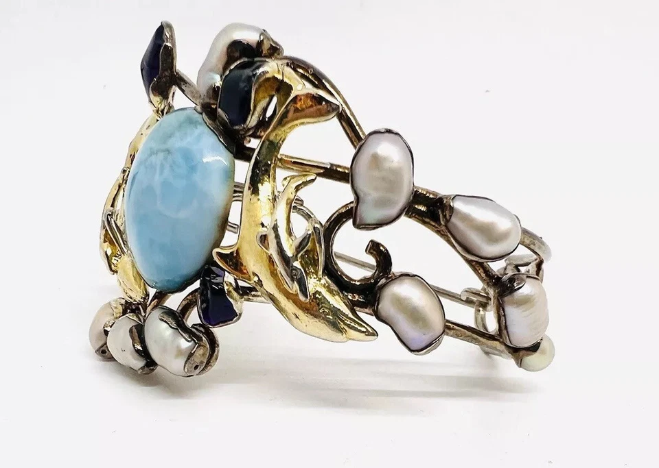 AMAZING Sterling Silver Multi Gemstone Artisan Cuff Bracelet Vermeil Dolphins - Image 3 of 4