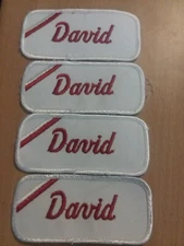 "David " (4) Cloth Uniform Embroidered Name Tags Red Letters White Back. #23