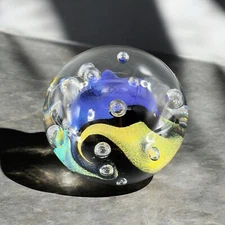 1976 Dichroic Art Glass Paperweight Round Multicolor Signed S65 Hand Blown Glass