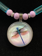 dragonfly pink turquoise cabochon glass 18K GF necklace lovefish AA