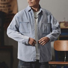 Men Shirt Casual Work Denim Long Sleeve Button Down Shirts Regular Fit Tops