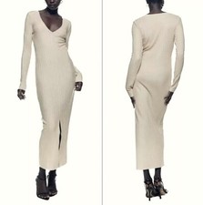 Zara Ribbed Knit Midi Dress MEDIUM Long Sleeve V-Neck Bodycon Soft Cream Slit