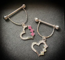 PAIR 14g Hollow Heart Gem Nipple Rings Shields Pierced Body Piercing Jewelry