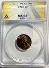 1935-P Lincoln Cent - ANACS MS63 RD  - Just Graded / New Holder