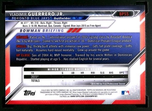Vladimir Guerrero Jr RC 2016 Bowman Prospects ⚾ Card #BP55 ROOKIE SGC 9 MT Topps - Picture 4 of 4