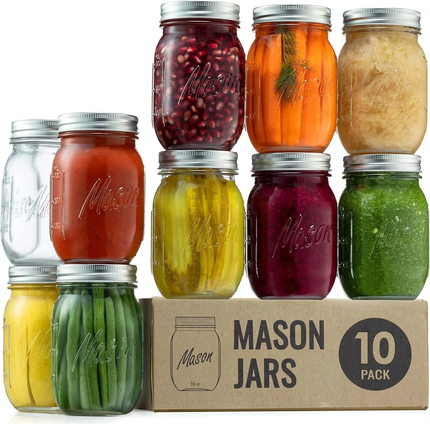 16oz Glass Canning Jars 10 Pack, Regular Mouth Airtight Food Storage with Lids