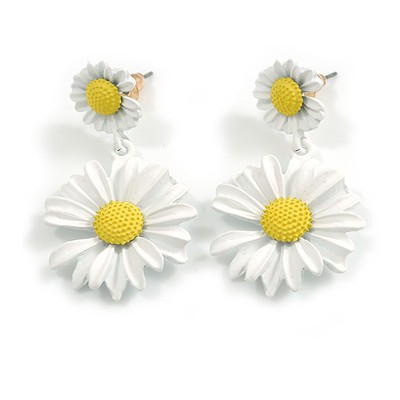 Mattweiß/gelb Gänseblümchen Blume Tropfen Ohrringe - 40 mm L